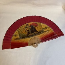 Vintage Wood  Fabric Folding Fan Spanish Scene Matador Bullfight Made In Spain
