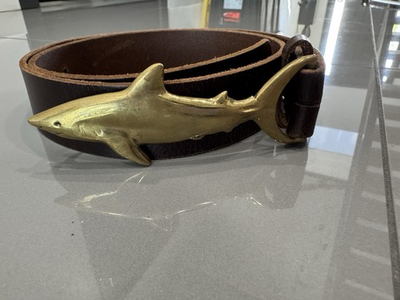 #ad Vtg Brass Hand Forged Shark Belt Buckle with Belt Signed by Artist Pete Johnston $249.00