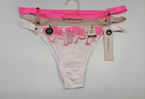 BCBGeneration 3Pk Womens M L XL Logo Lace Cheeky Bikini Panties Pink Beige Blush - Picture 2 of 6