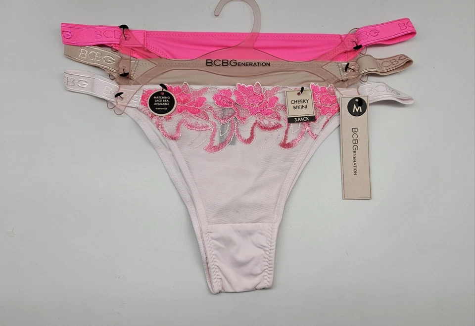 BCBGeneration 3Pk Womens M L XL Logo Lace Cheeky Bikini Panties Pink Beige Blush Foto 2 de 4