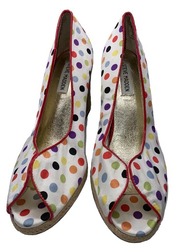 Steve Madden 8.5 Majic Polka Dot White Satin Espadrille Wedge Rainbow MultiColor - Picture 5 of 24
