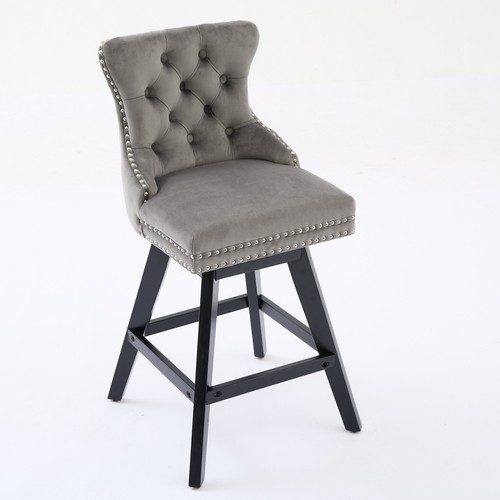 2 Set Swivel Velvet Barstools Button Tufted Bar Chairs Bar stools Wood Legs Gray - Picture 5 of 13