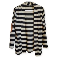 Women's Black and White Striped Cardigan with Elbow Patches