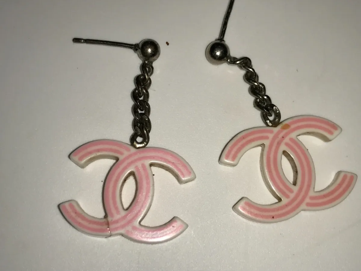 Vintage Authentic Chanel Earrings, Pink and White Acrylic Double CC