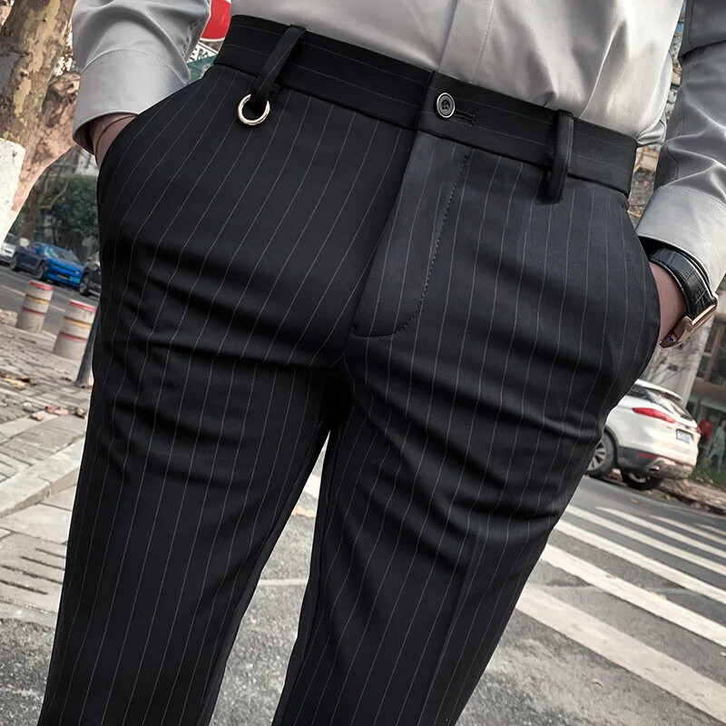 Men's Slim Fit Stretch Dress Pants Black Striped Formal Suit Trousers