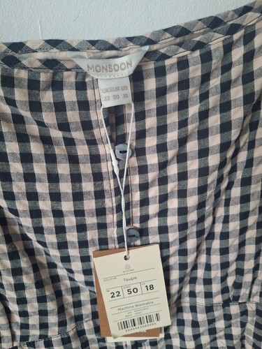 Monsoon Dress Uk 22 Taupe Maxi Checked Square Neck Short Sleeves Cotton NWT - Picture 7 of 12
