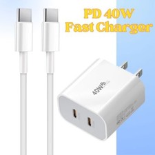 PD 40W Dual USB-C Fast Wall Charger Type C Cord For iPhone 15 16 17 Pro Samsung