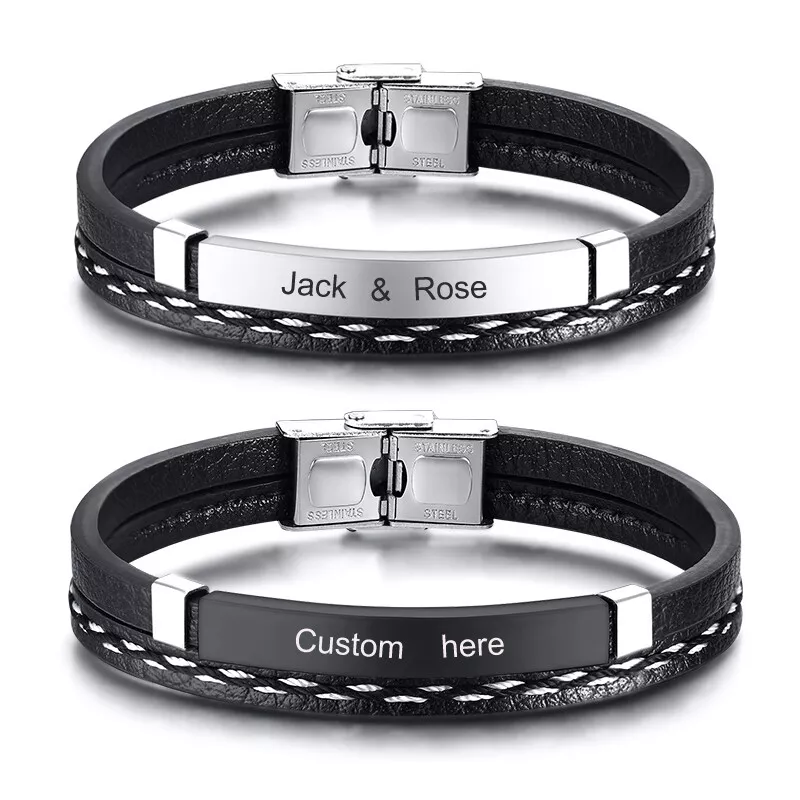 Black leather logo letters bracelet