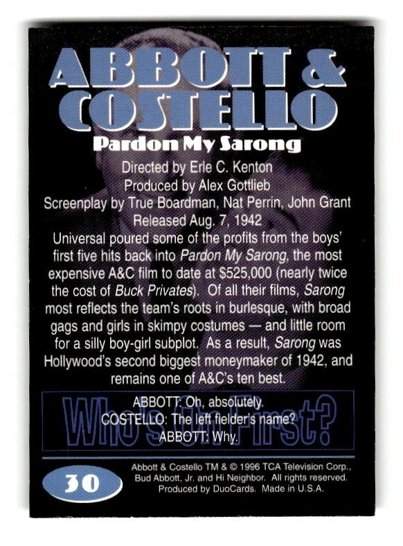 1996 Abbott & Costello Collectible Trading Card #30 Pardon my Sarong - Image 2 of 4