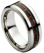 8mm Tungsten Carbide High Polished with Red & Black Carbon Wedding Band Ring