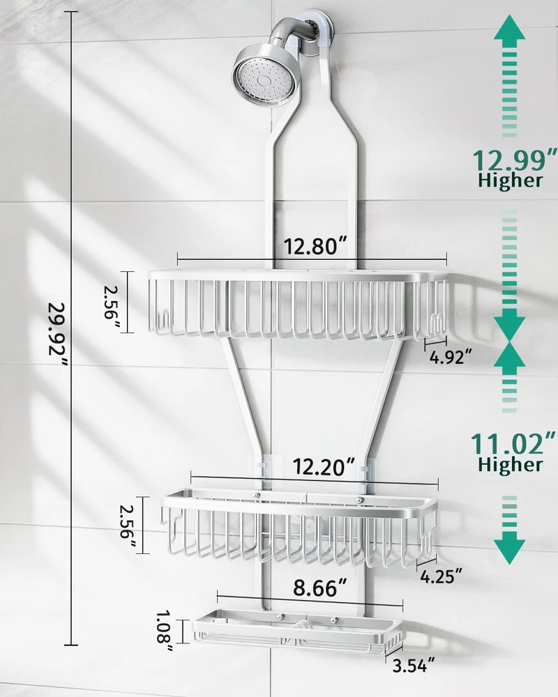 Shower Caddy Hanging Bathroom Organizer over Head Long Rack for Tall Showerhead
