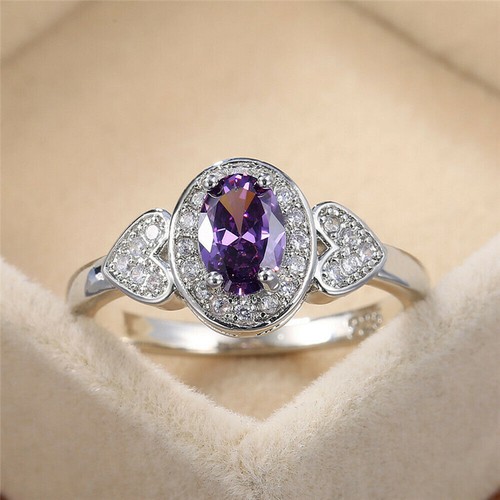 Gorgeous 925 Silver Wedding Rings for Women Oval Cut Amethyst Ring Size 6-10 NEW - Picture 12 of 13