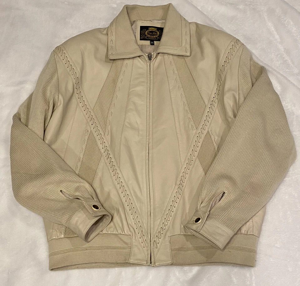 Chaqueta De Colección Gene Hiller Sausalito Beige Cuero Genuino Talla M Mezcla Media Cosida