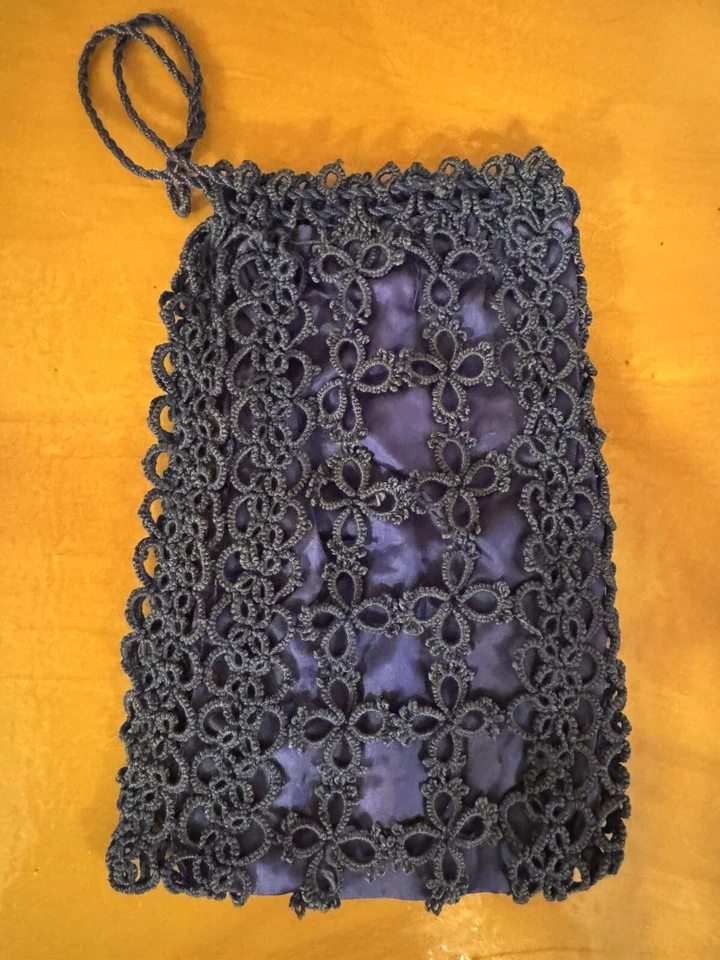 Cartera Retícula Crochet Azul Marino Eduardiana Cordón RARO FORRO DE SEDA ORIGINAL 1900s Foto 4 de 4