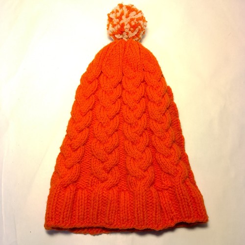 Vintage Handknit Beanie Boggin Cableknit Hat Orange Pom Pom Youth L Adult S - Picture 3 of 8