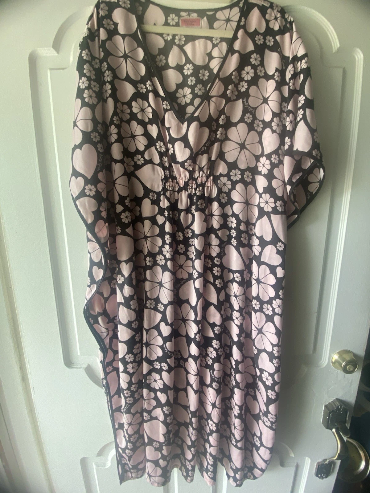 Camicia da notte Kate Spade New York quadrifoglio cuore tessuto caftano nero rosa taglia M L