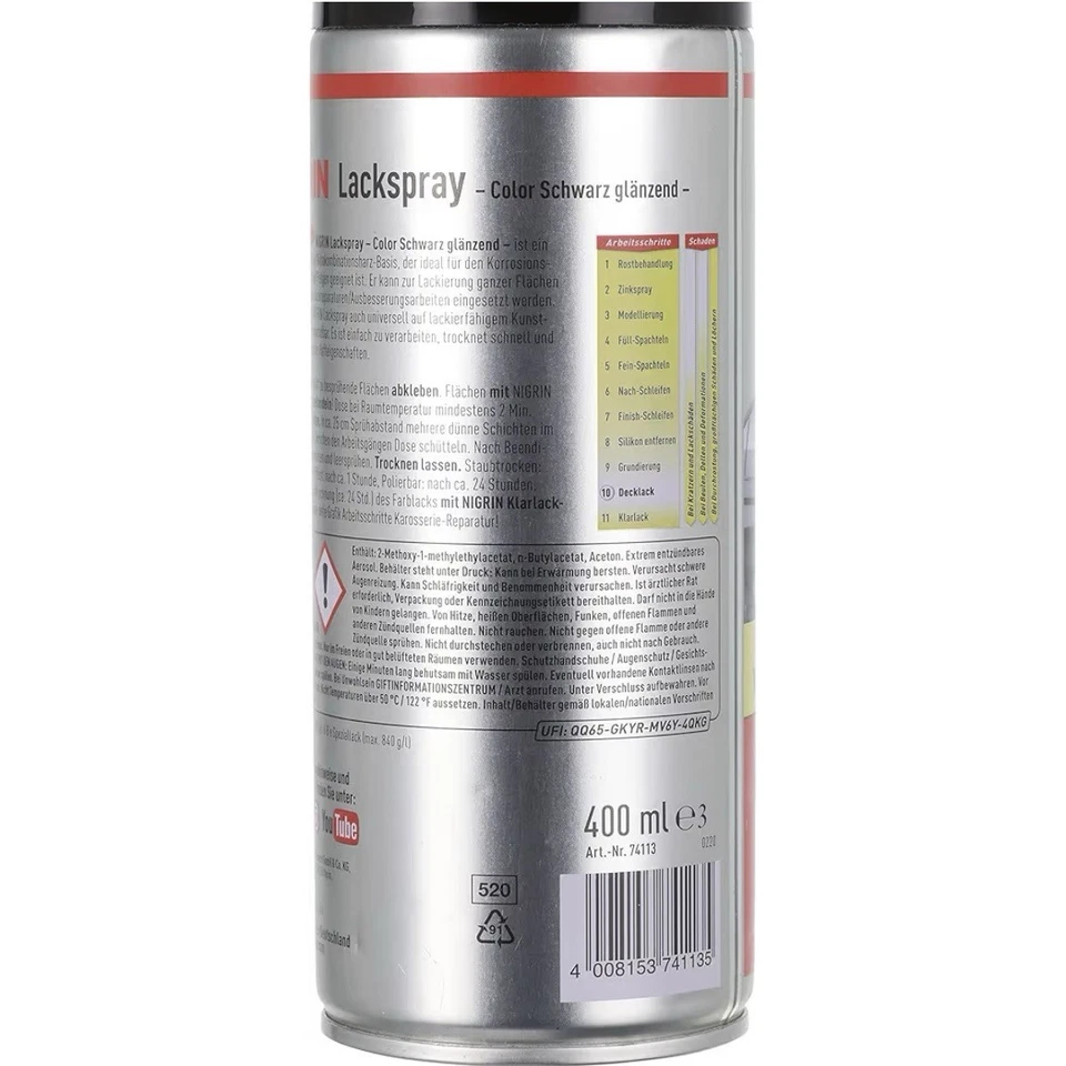 NIGRIN Lackspray Schwarz Glänzend 400ml Autolack für Felgen, Karosserie Rostschu - Bild 3 von 4