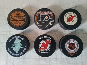 Hockey Pucks, Set Of 6 *Philadelphia Flyers, NJ Devils, NY Rangers, Cooper*