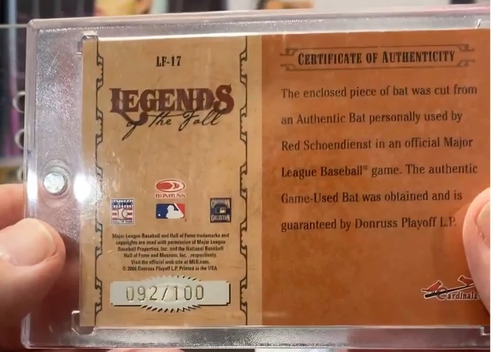 Red Schoendienst AUTO 2004 Firmado Leyendas de la Otoño LF-17 GU BAT Autógrafo SP Foto 2 de 2