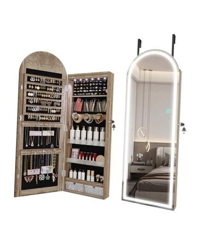 Arched Lighted Mirror Jewelry Cabinet, Wall/Door Mount Jewelry Armoire