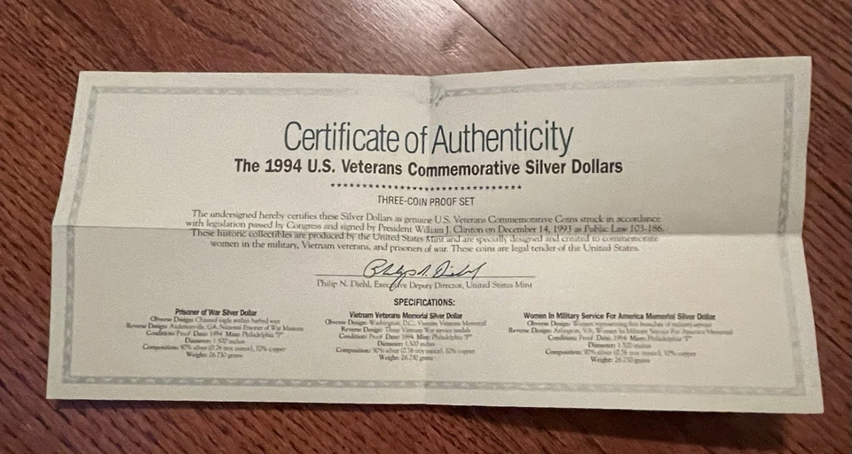 1994 US Veterans Commemorative Silver Dollars 3-Coin Proof Set, COA OGP Case/Box - Image 4 of 4