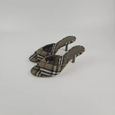 BURBERRY Mews $750 Brush Check Linen Blend Low 65mm Mules New And Authentic