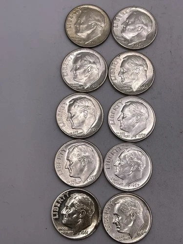 Roosevelt Dimes (10) 1951,58(3), 1961,62d(2),63(2),64d. BU Nice Luster Coins 223