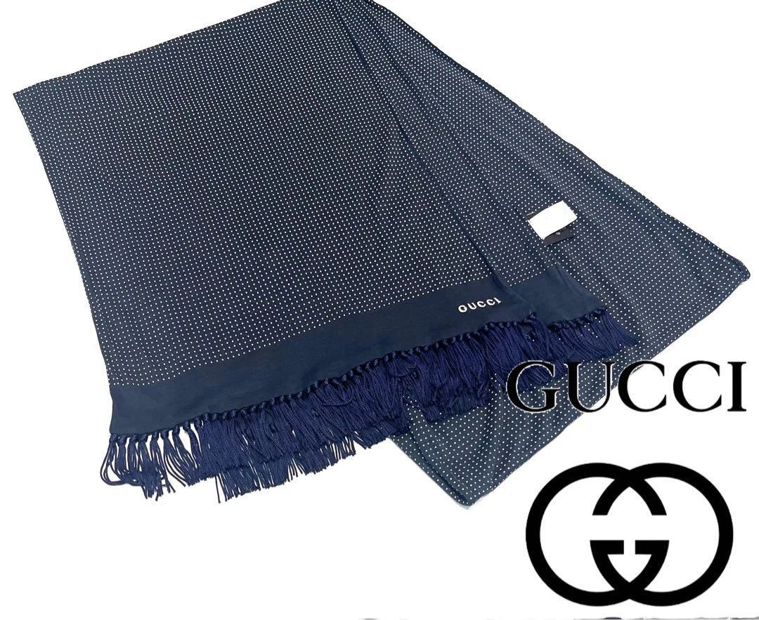 Gucci écharpe longue étole franges motif châle à pois logo bleu marine