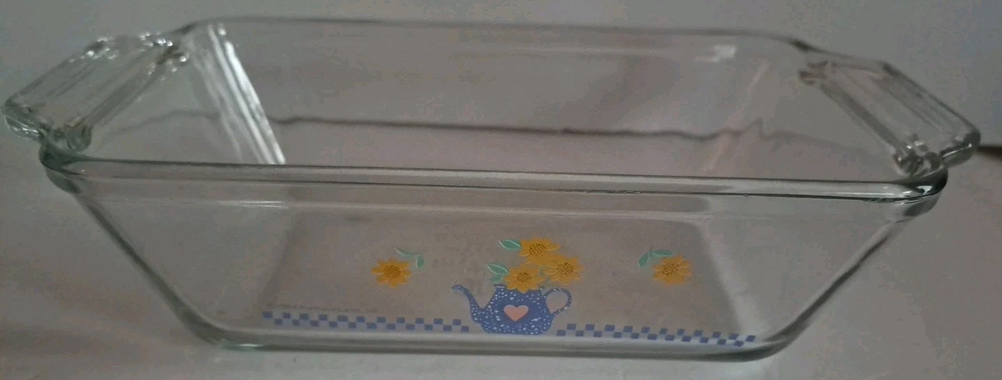 VTG 9x5x3" Anchor Ovenware Loaf Pan Baking Dish Blue Teapot Yellow Flower Clear