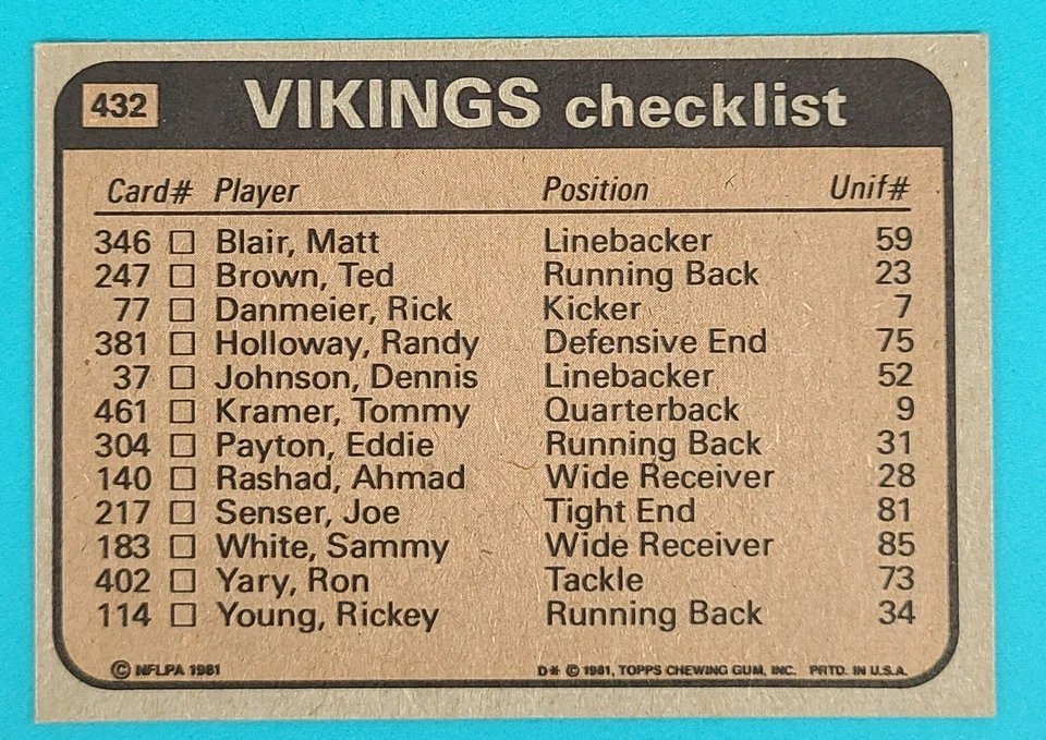 1981 Topps   #432 Team Checklist - Ahmad Rashad   Vikings Football Card K1 - Image 2 of 2