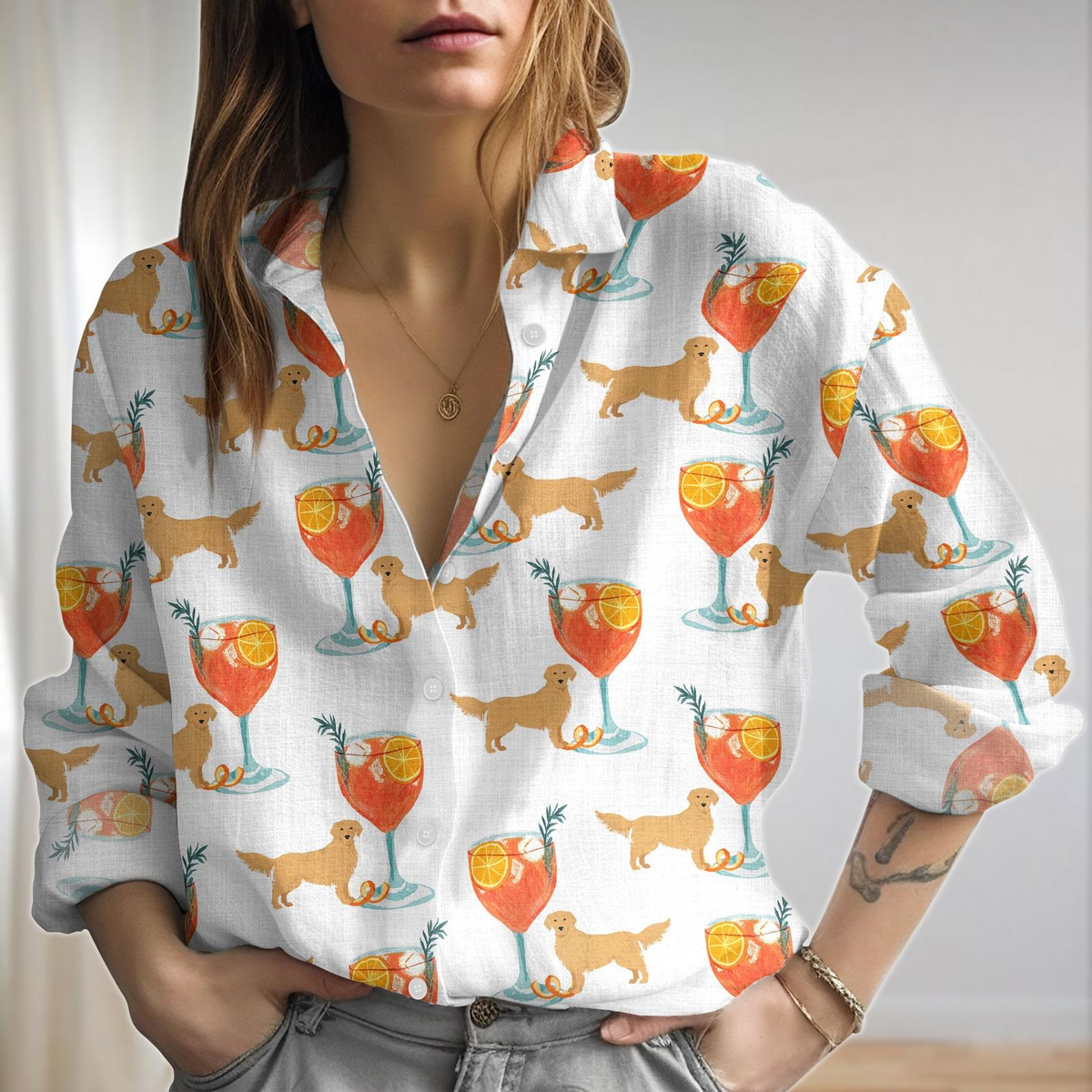 Aperol Spritz Linen Look Shirt Cocktail Glasses Women Blouse