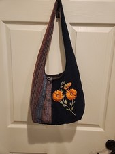 Peruvian Wool Hobo Handmade Bag Embroidered With Orange Flowers EUC