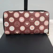 Wallet Clutch Brown Pink Hearts Zip Around 12 Card Slots 8" x 4" x 1 New
