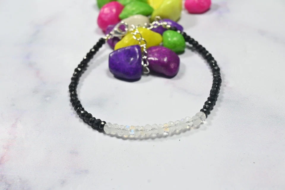 Brazalete de perlas y espinela negra 3-4 mm 2 cuentas de piedras preciosas rondelle multifacéticas 6-8" Foto 2 de 4