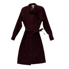Talbots VTG Burgundy Houndstooth Buttoned Belted Long Sleeve Shirt Dress 14 READ