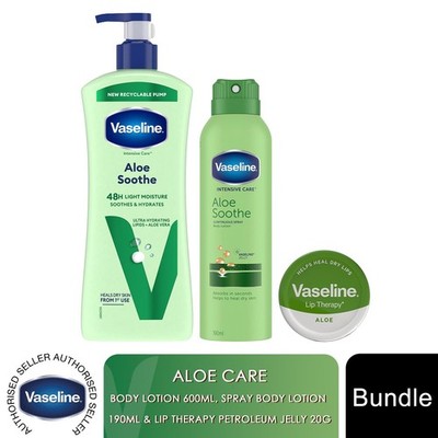 Vaseline Aloe Soothe Bundle Lotion 600ml Spray Feuchtigkeitscreme 190ml Lip Therapy 20g