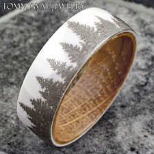 8mm White Ceramic Forest Tree Whiskey Barrel Wood Inside Men's Wedding Band Ring