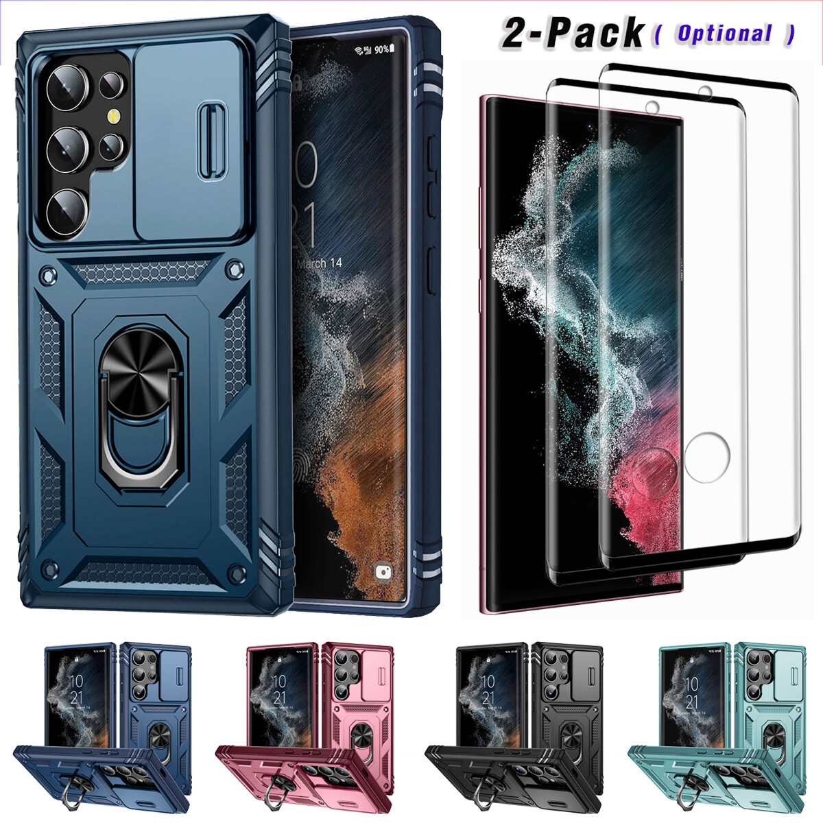 For Samsung Galaxy S22/S22+/Ultra Slim Hard Ring Stand Case Cover Tempered Glass