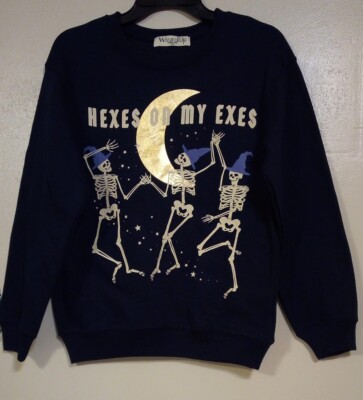 Wound Up Junior Hexes On My Exes Halloween Graphic Sweatshirt Navy Blue Sz XS (1
