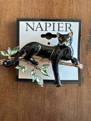 #ad Napier Black Cougar On Branch Green Leaves Into Summer Gold Tone Pin Brooch New $17.10
