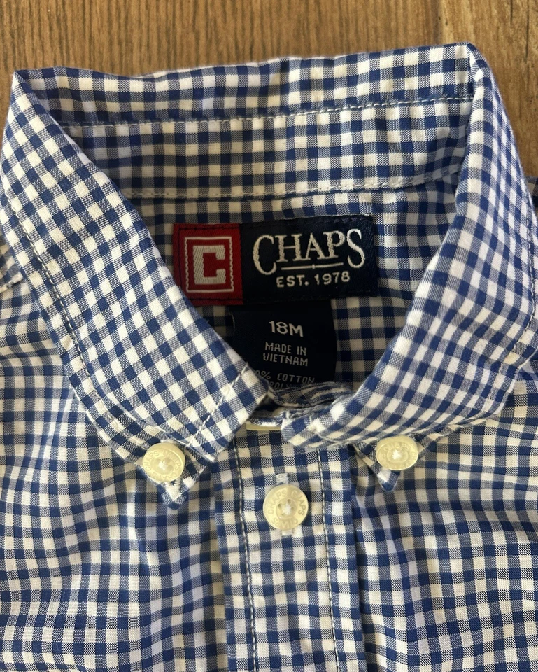 Camisa Chaps Niño Pequeño 18M Manga Larga Con Botones Azul Cuadros Logo en el Pecho Nueva Sin Etiquetas Foto 2 de 4
