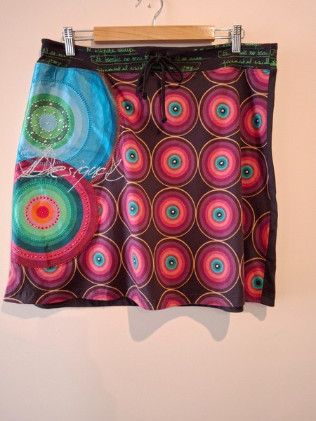 Desigual, A-line skirt, multi col, size L, cotton, embroidery, India, good cond