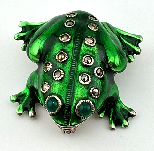 Signed Judith Jack Sterling Silver Guilloche Enamel Marcasite Frog Pin Brooch