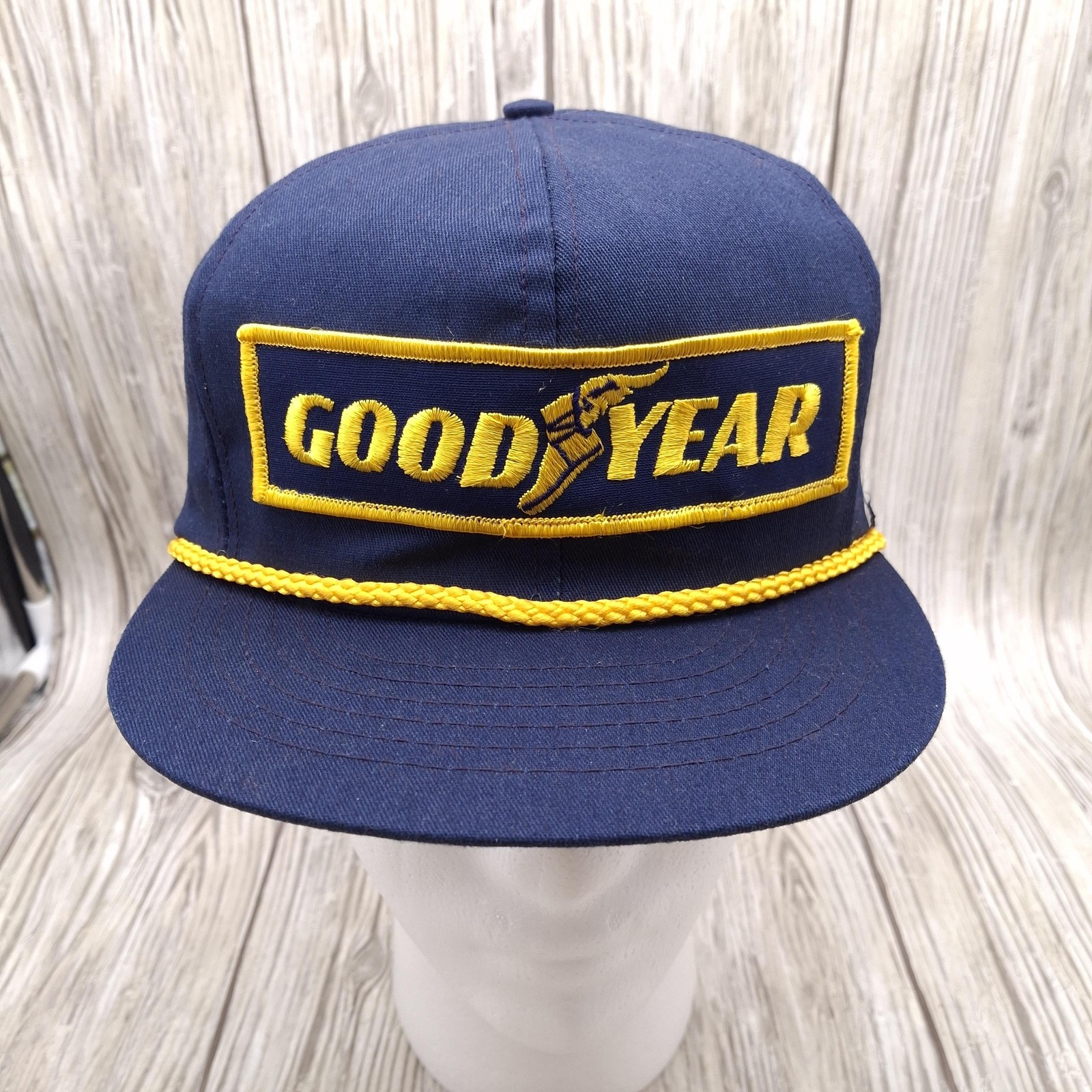 Vtg Goodyear Hat Cap SnapBack Navy Blue Rope Racing USA Made Swingster 80s