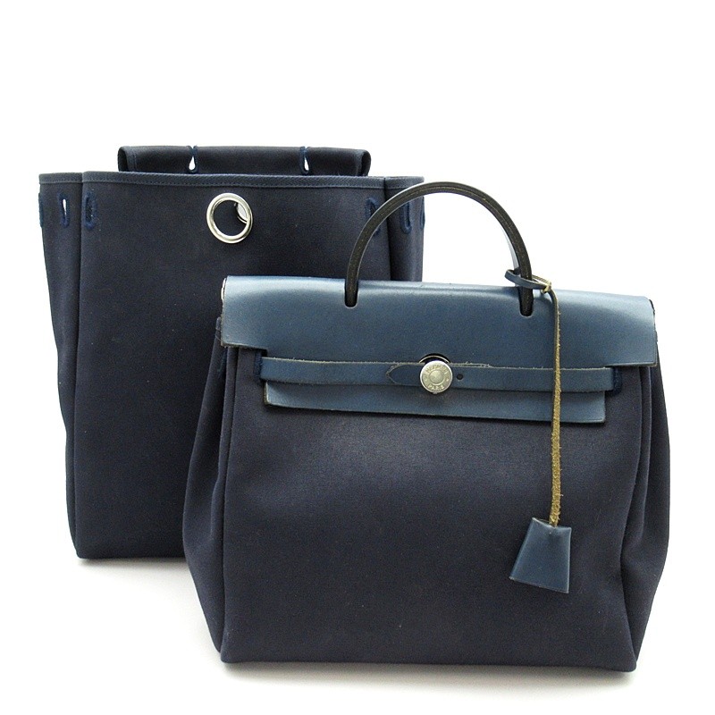 HERMES Herbag ad PM Toile Officier/borsa tote in pelle di vitello Navy USATA