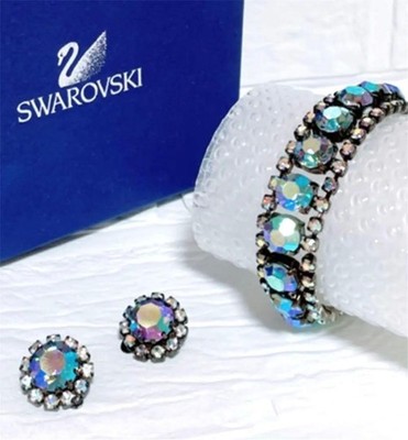 Swarovski D724 Bracelet & Earrings Set Jewelry SevenColor Zircon Black