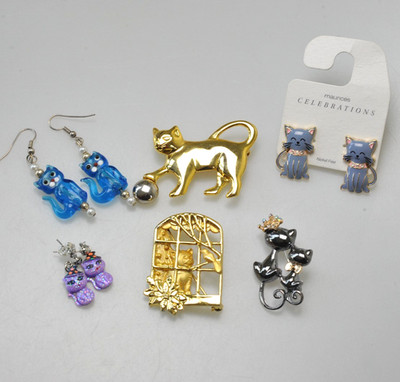 Jewelry LOT  kitty cat earrings brooch costume  enamel Rhinestone LL7