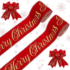 Christmas Velvet Wired Edge Ribbon 2.5 Inch 20 Yards Roll Red Gold Glitter Bow