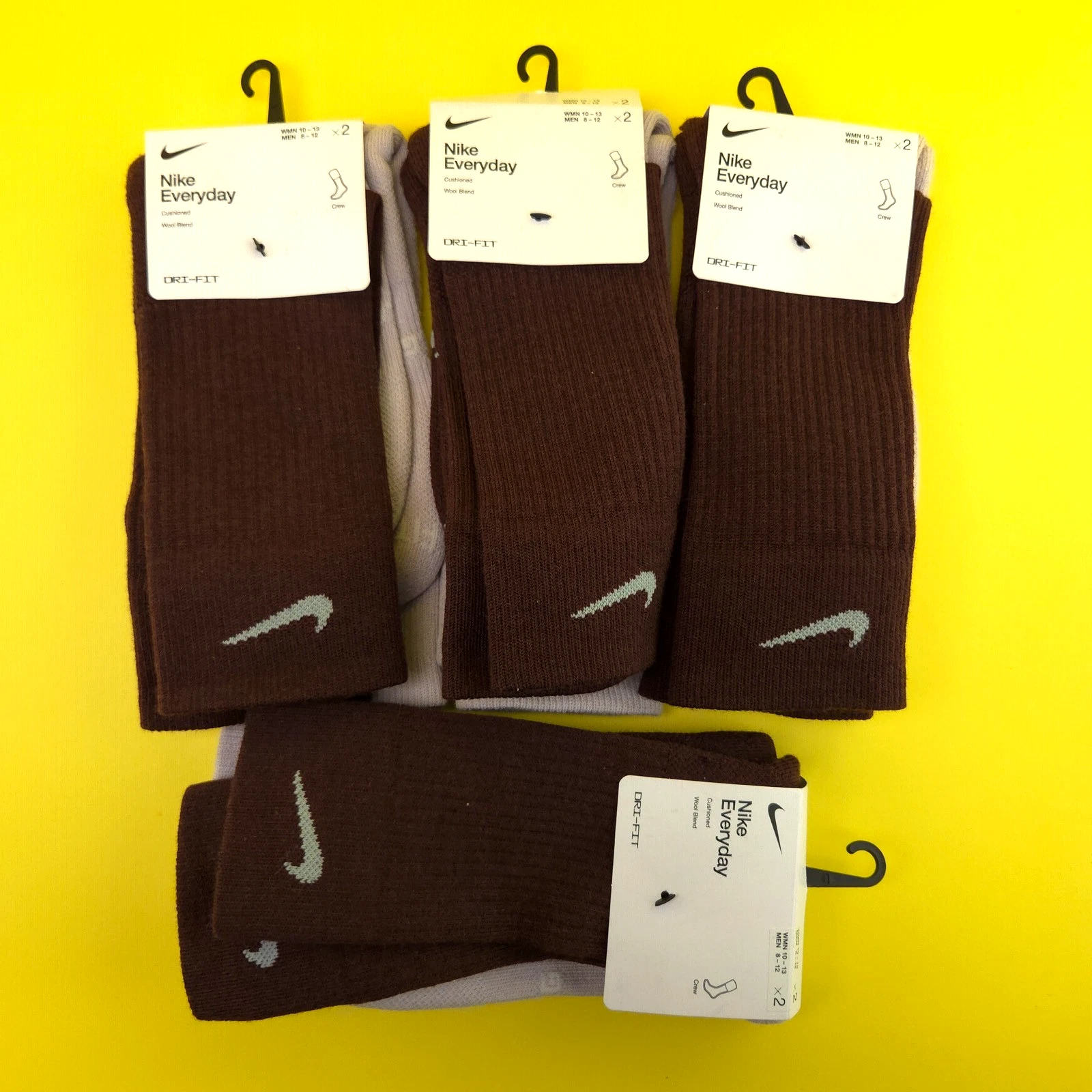 4 Nike Wool Everyday Cushioned Crew 2 Pack Size Large 8 - 12 Mens Earth Brown