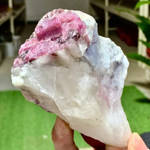 394G Natural Red tourmaline with quartz crystal cluster mineral specimen